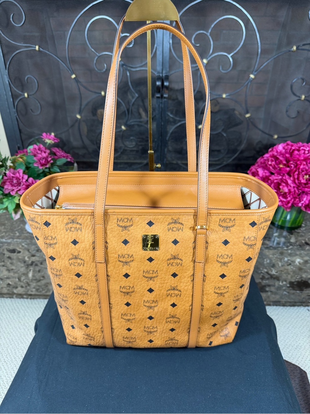 MCM Cognac Visetos Monogram Tote with Gold Plaque - Picture 9 of 9